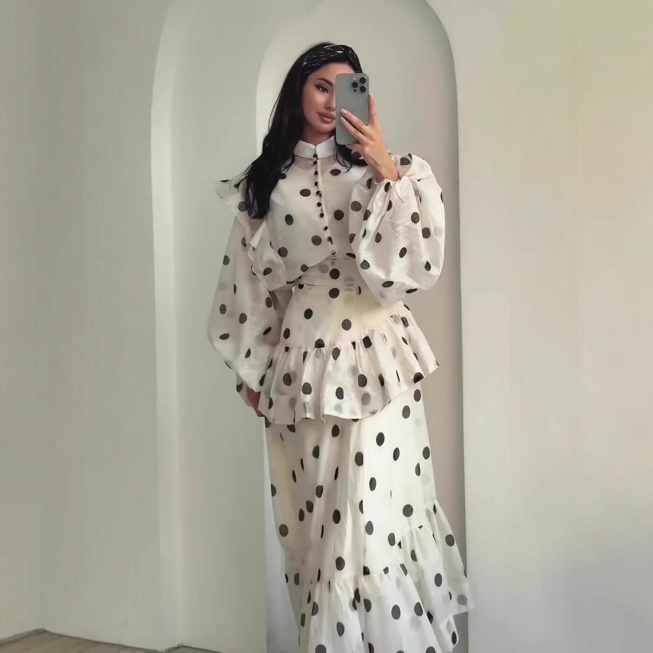 LUMAYA6732 Vintage Polka Dot Co-ord Set Puff Sleeve Blouse & Long Ruffle Skirt Outfit