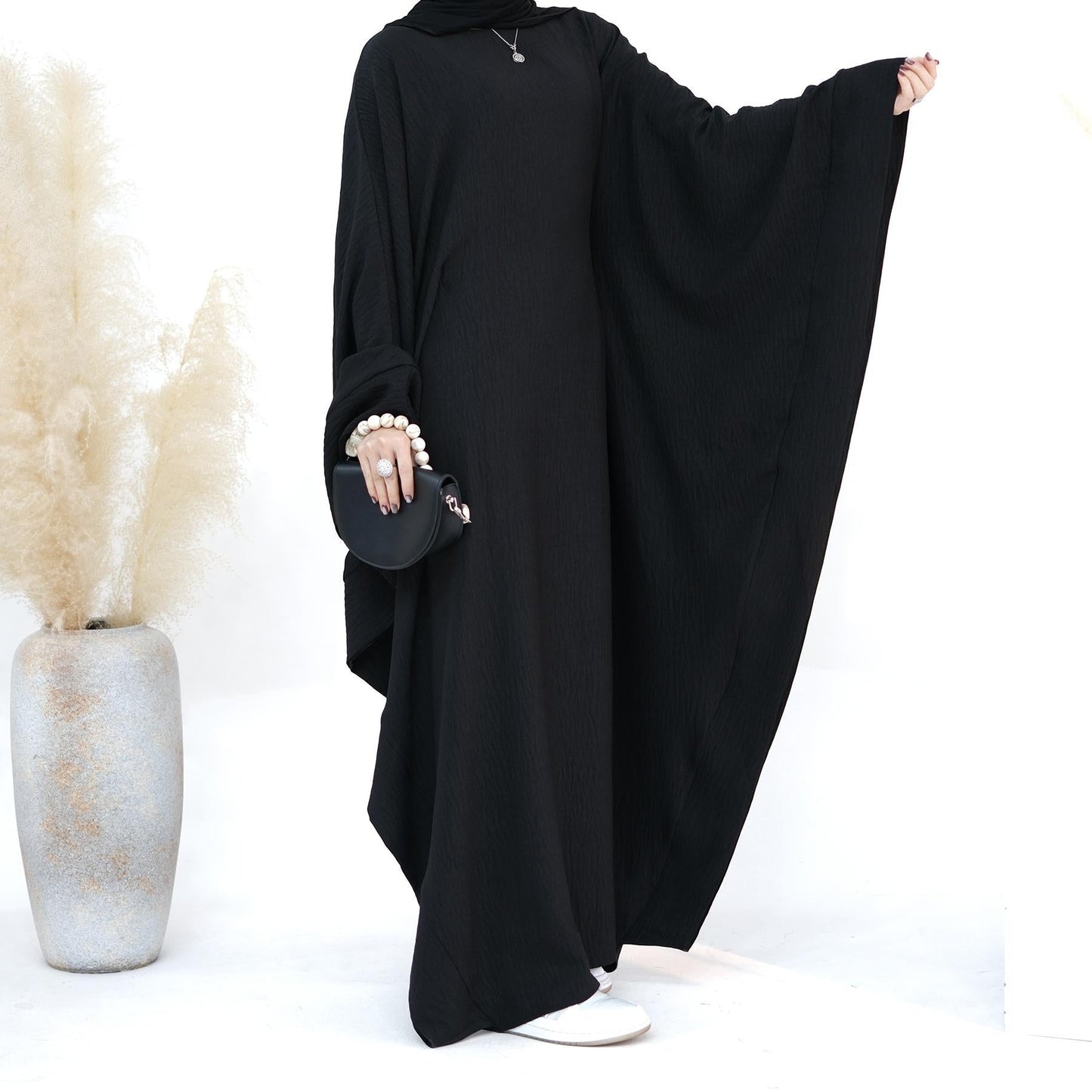 LUMAYA LM1177 Waist Raging Bat Sleeves Dress Crepe Kaftan with Built-in Belt