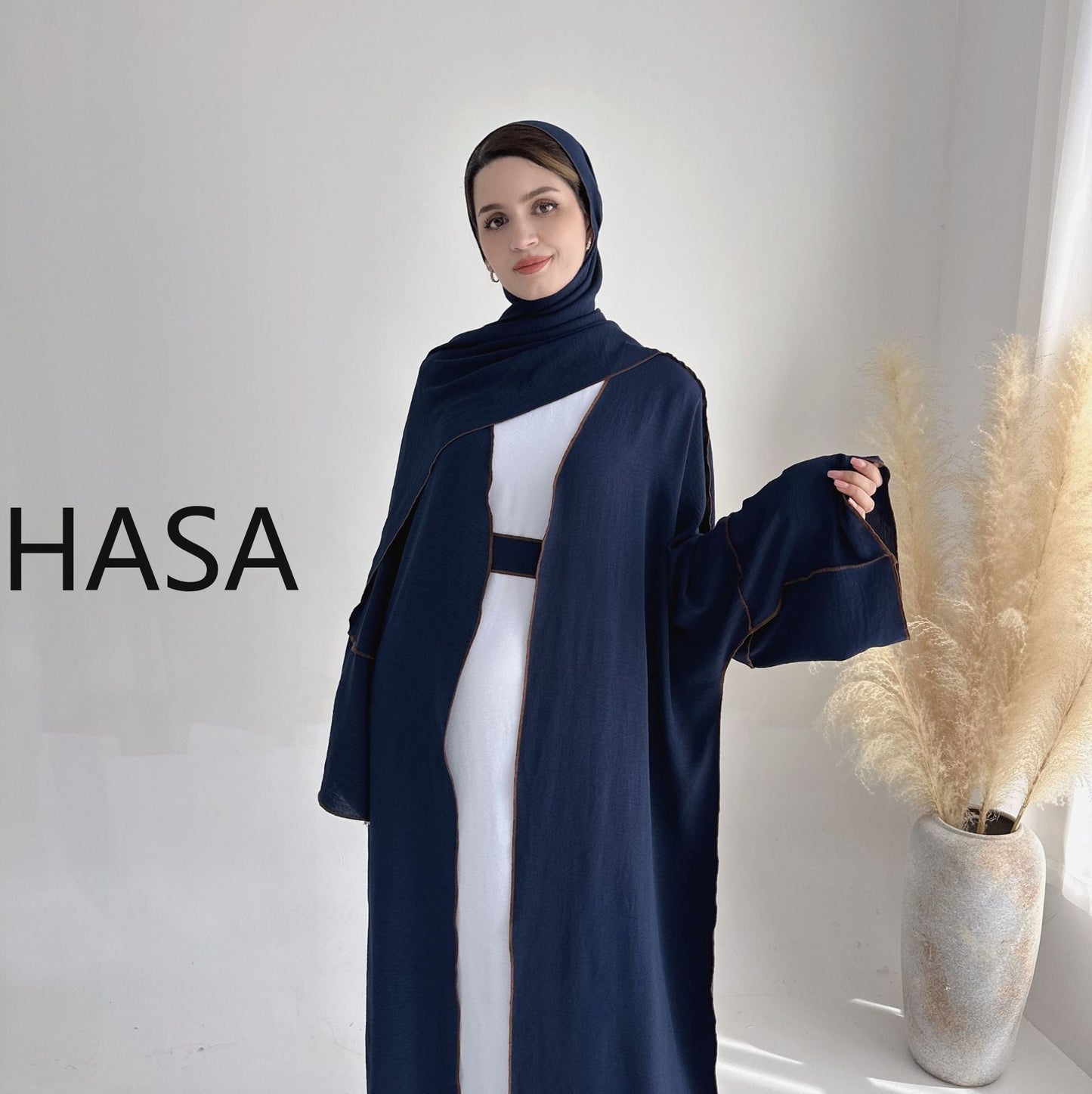 LMSA LM1246H 2 PCS SET Crepe Solid Color Loose Hem Cardigan Robe with Hijab