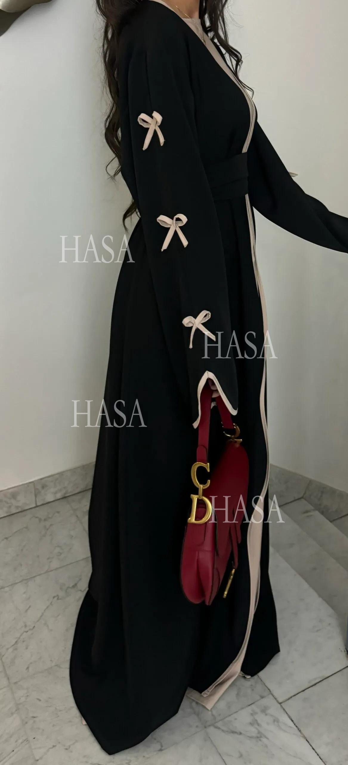 LUMAYA5883  A Two-piece Robe and Skirt Set with A Soft Bow and A Belt Design open abaya outfit