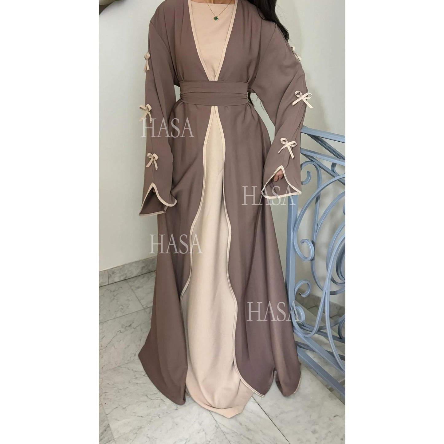 LUMAYA5862 Elegant Wavy-edge Bow Robe (with Belt) for A Feminine Look