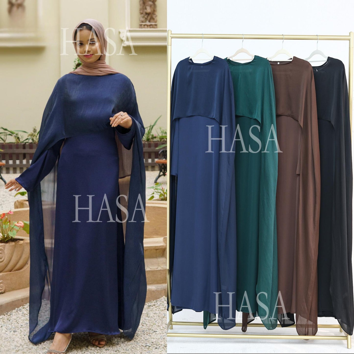 LUMAYA5870 Elegant drape two-piece robe dress-Light luxury street style abaya girl