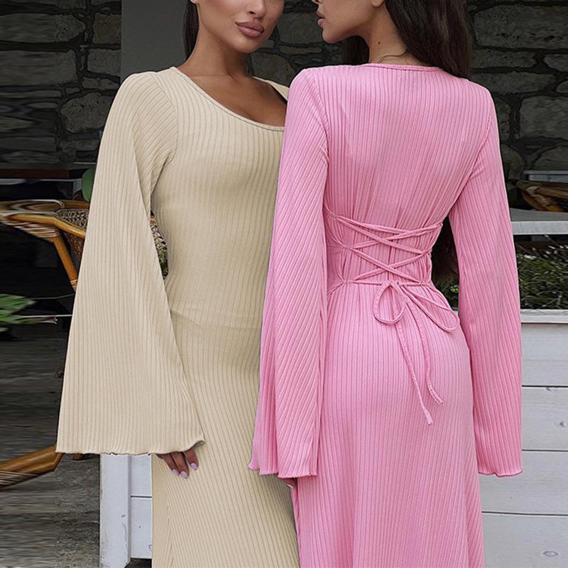 LUMAYA LUMAYA0676 Flared Long Sleeved High Waist Maxi Skirt with Lace-up Back