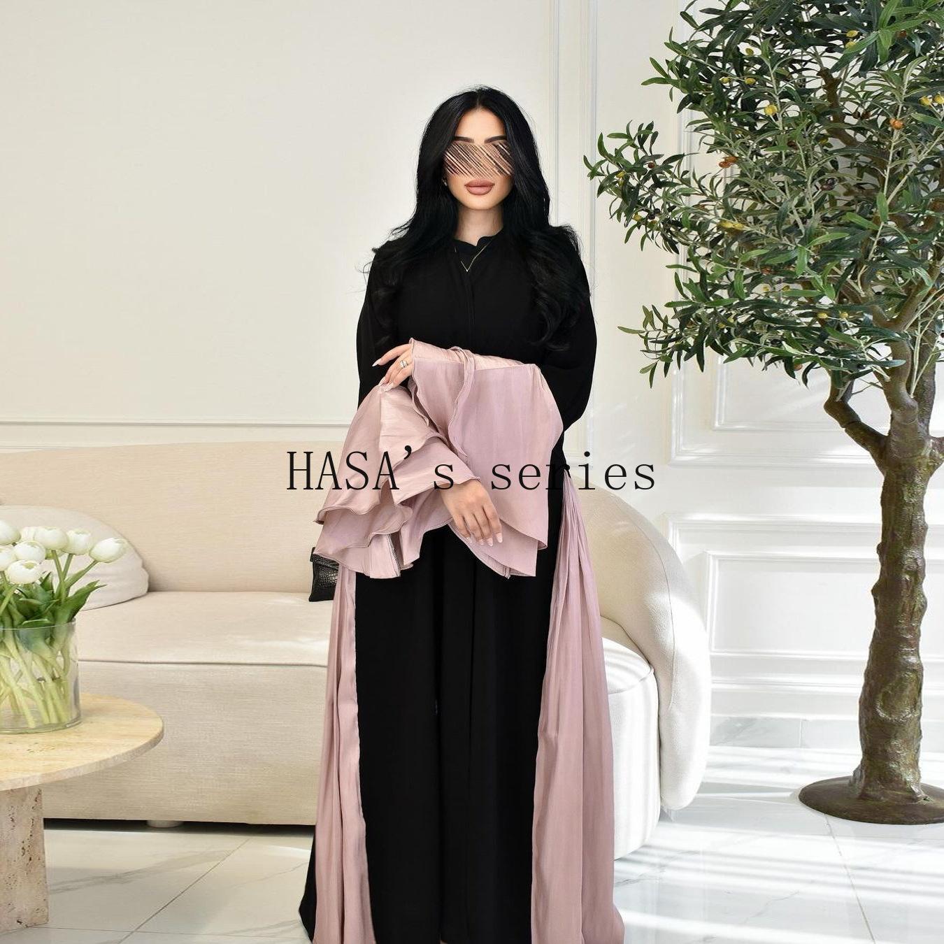 LUMAYA5106 A Soft and Elegant Long Satin Dress with Classic Design and Ruffled Sleeves.