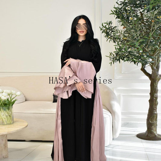 LUMAYA5106 A Soft and Elegant Long Satin Dress with Classic Design and Ruffled Sleeves.