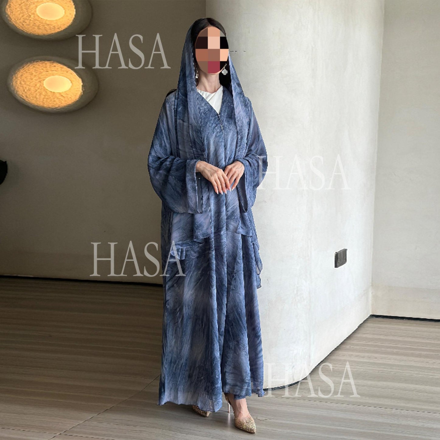 LUMAYA6551 Printed Abaya Cardigan with Matching Scarf Two-Piece Set