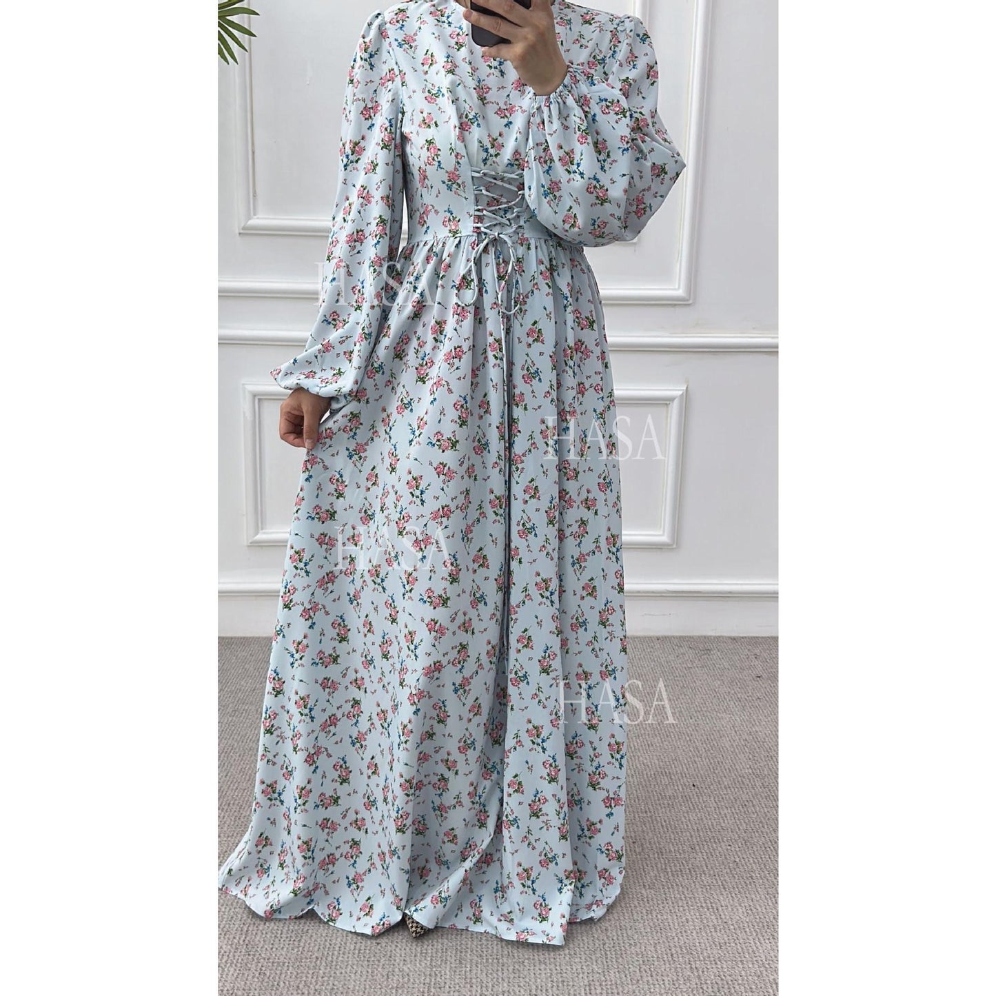 LUMAYA6489 Long-sleeved Floral Maxi Dress with Natural Waist