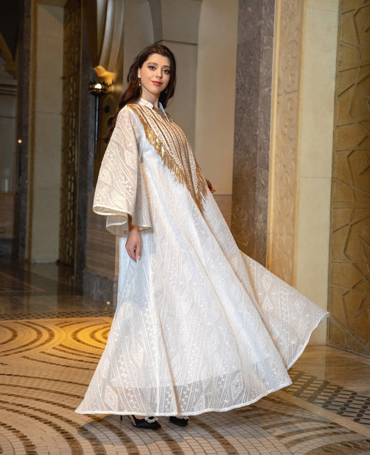LM6648 A long robe with mesh sequins and embroidered details; an elegant and sophisticated dress.