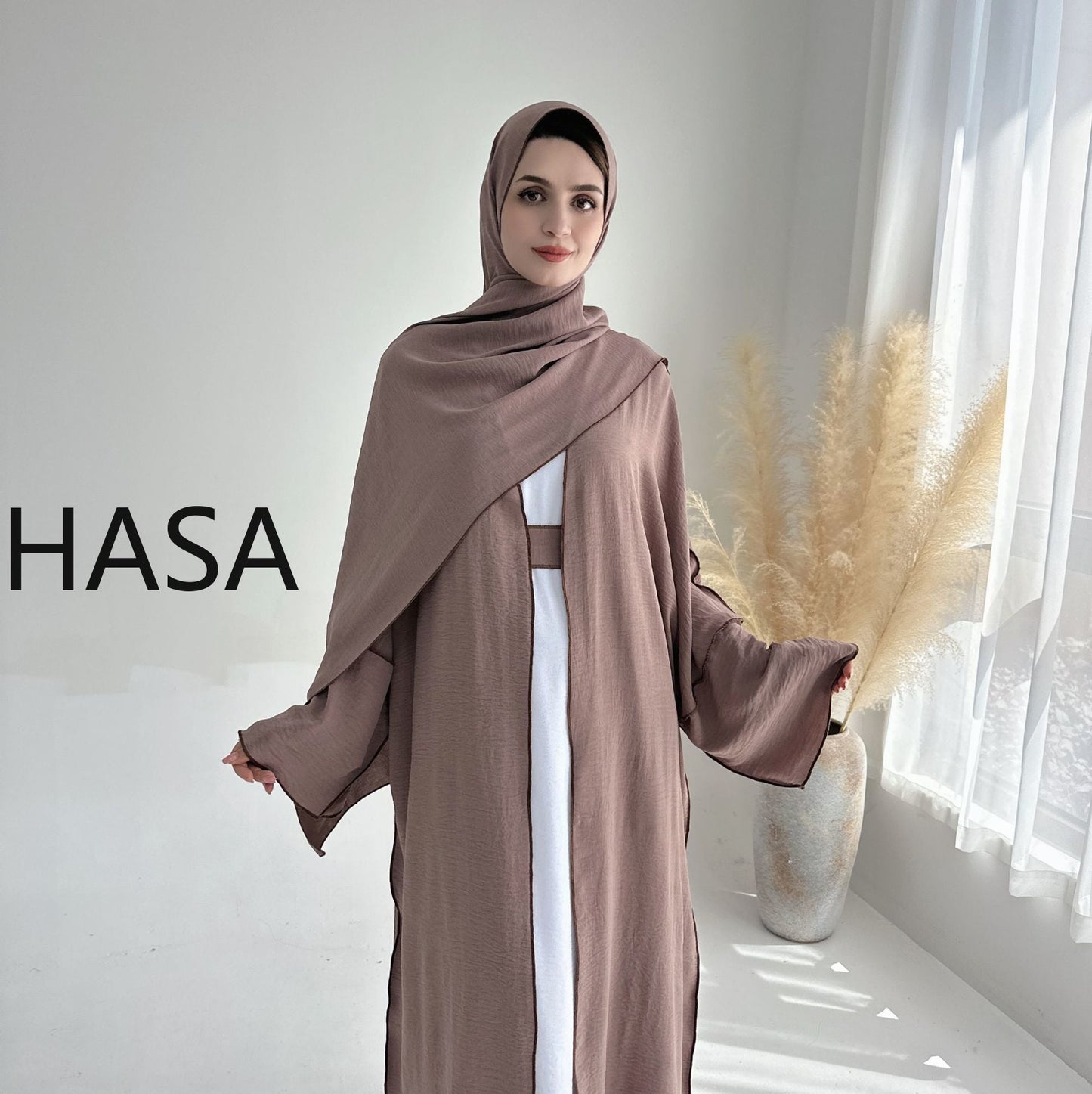LMSA LM1246H 2 PCS SET Crepe Solid Color Loose Hem Cardigan Robe with Hijab