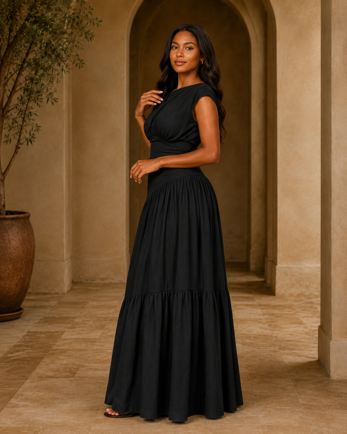 LM1641 Women's Sleeveless Pleated Loose Fit Maxi Dress