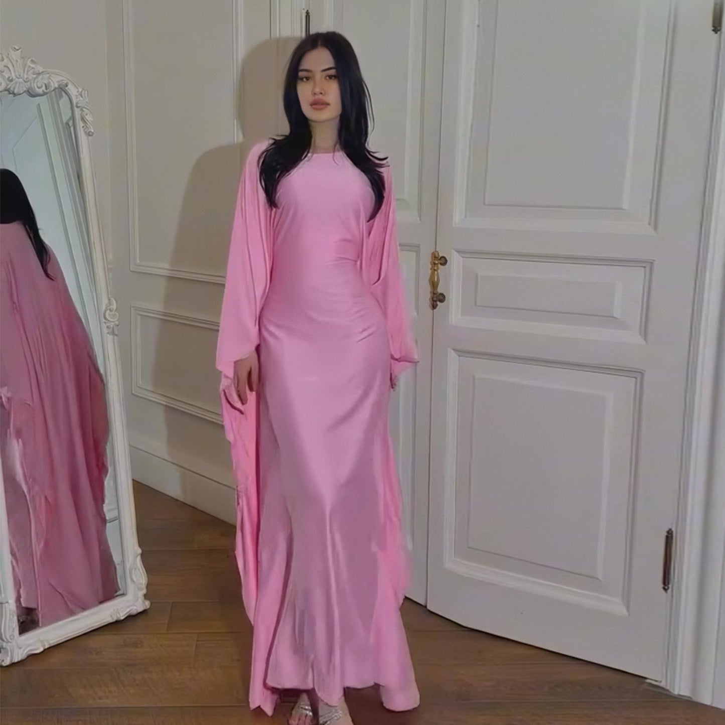 LM1504 Satin Batwing Sleeve Kaftan with Inner Belt