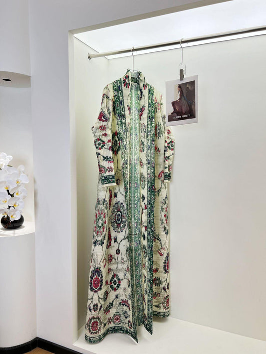 LUMAYA6722 Porcelain Dreams  White Abaya with Green & Red Floral Prints