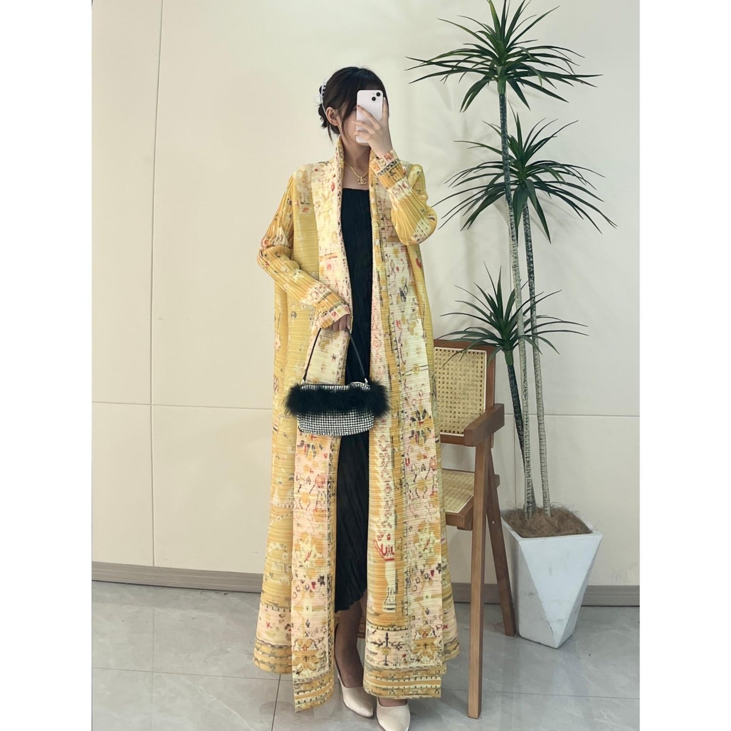 LUMAYA5843 Retro Warm Yellow Floral Textured Open-front Long Coat