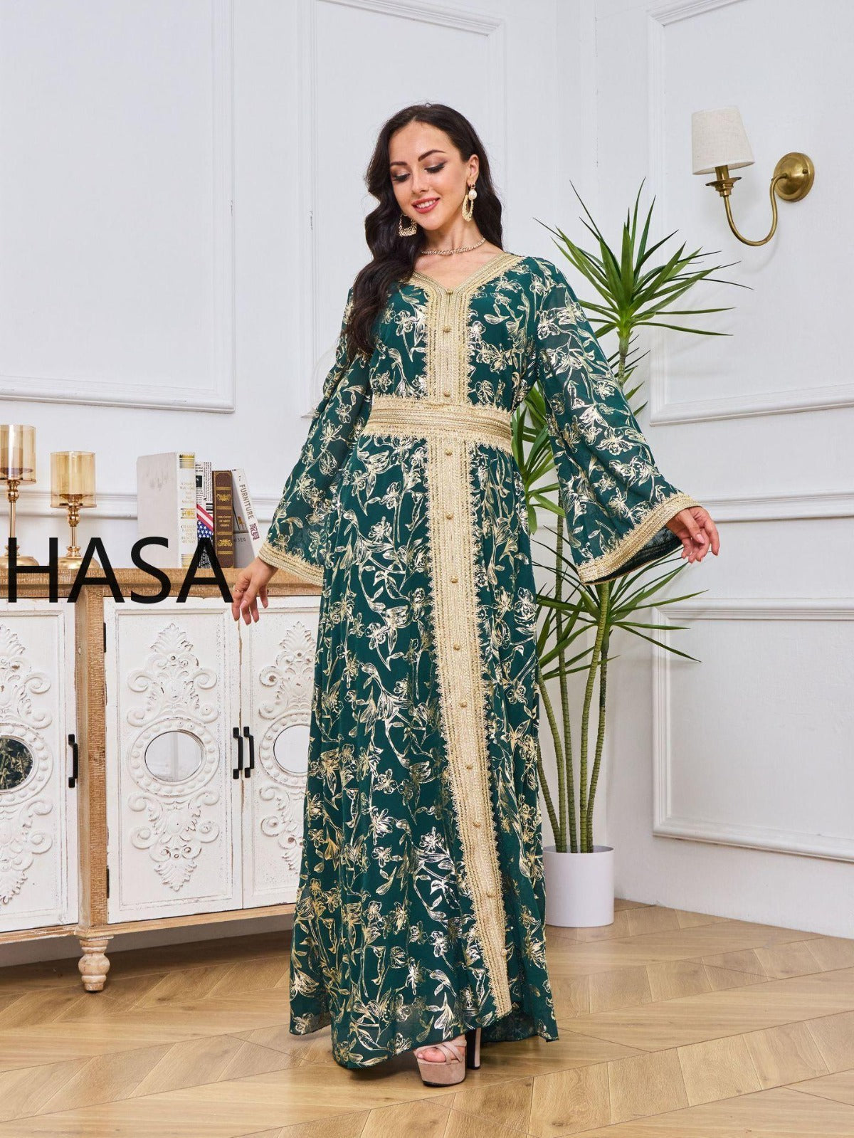 LM1249 Elegant Floral Abaya with Golden Detailing