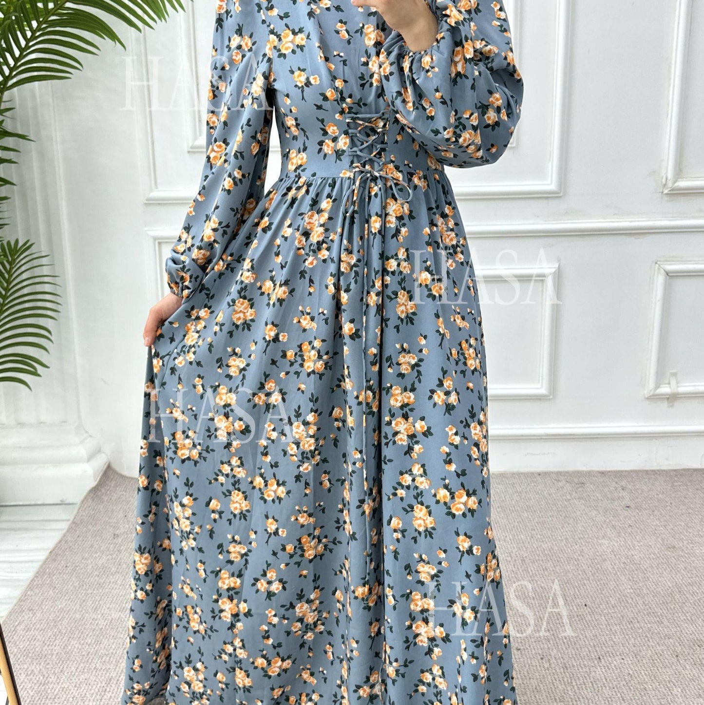 LUMAYA6489 Long-sleeved Floral Maxi Dress with Natural Waist