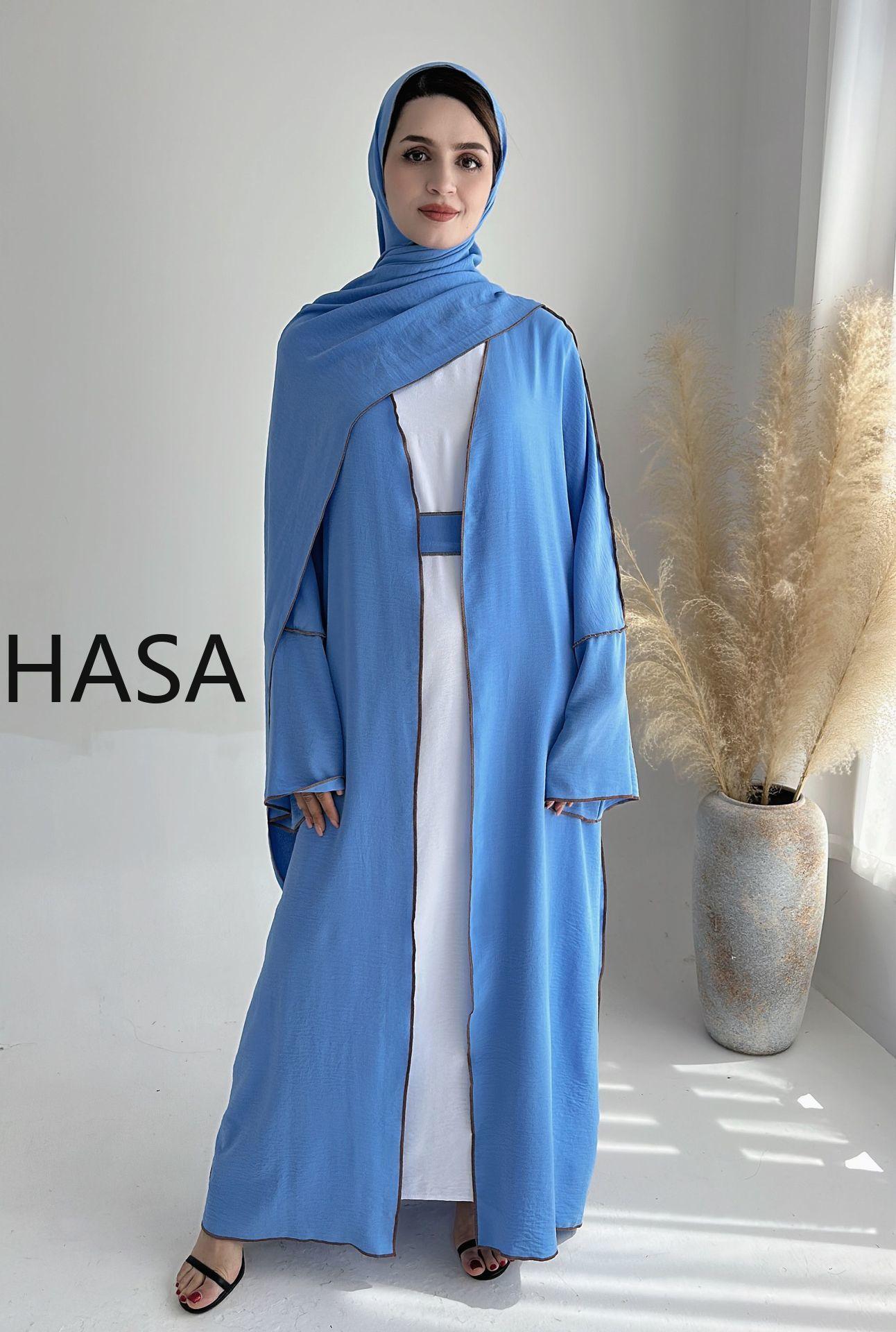 LMSA LM1246H 2 PCS SET Crepe Solid Color Loose Hem Cardigan Robe with Hijab