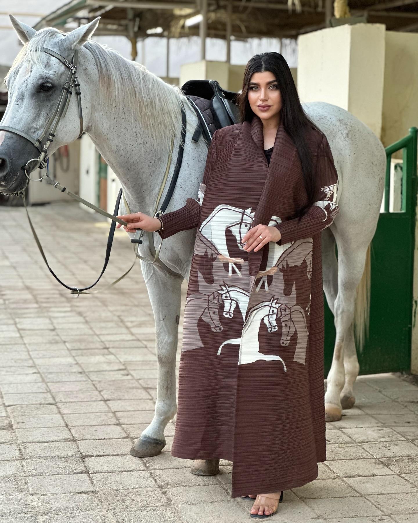 LUMAYA6718 Questrian Elegance | Brown Abaya with Horse Motifs