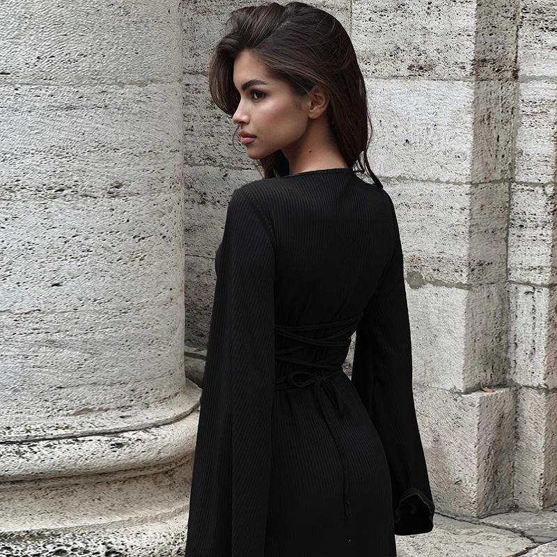 LUMAYA LUMAYA0676 Flared Long Sleeved High Waist Maxi Skirt with Lace-up Back