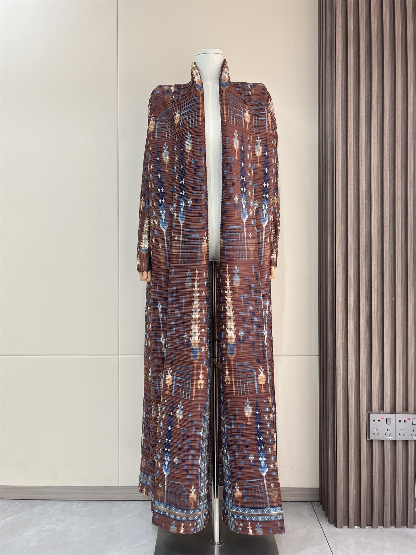 LUMAYA5848 Retro Brown Textured Open-front Long Coat