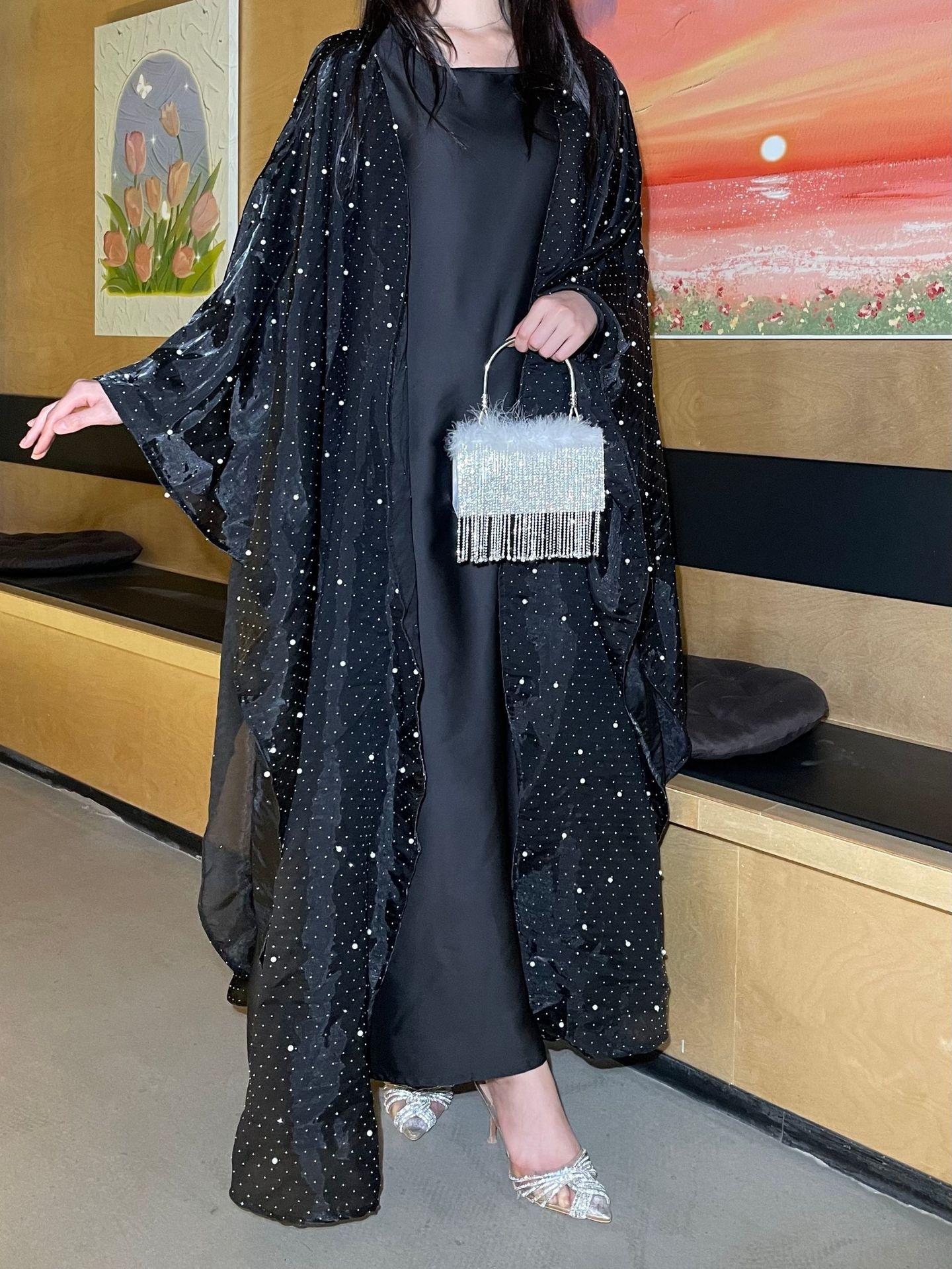 LUMAYA6540 Elegant Rhinestone Abaya Two-Piece Set with Outer Cape