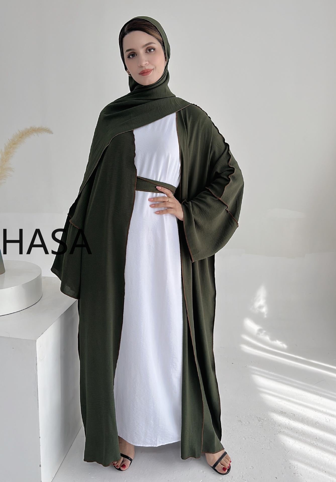 LMSA LM1246H 2 PCS SET Crepe Solid Color Loose Hem Cardigan Robe with Hijab