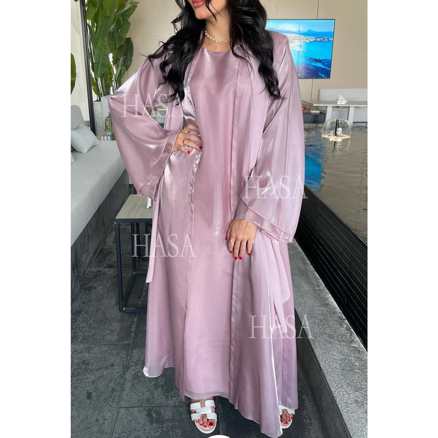 LM6579 Women's Purple Organza Two-Piece Robe (Long Skirt + Jacket)