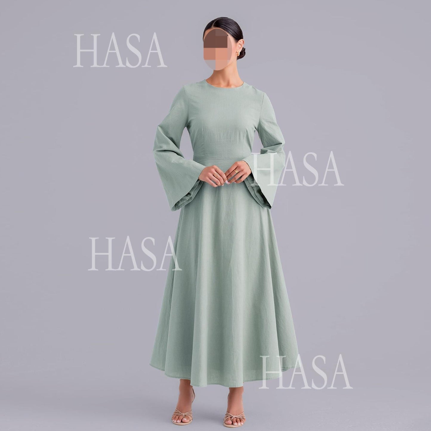LUMAYA6494 Simple Solid Color Linen Bamboo Dress | Lace-Up Design