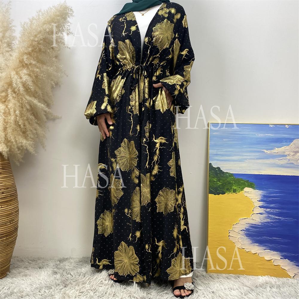 LM6589 Gold-stamped long cardigan with a flowing design