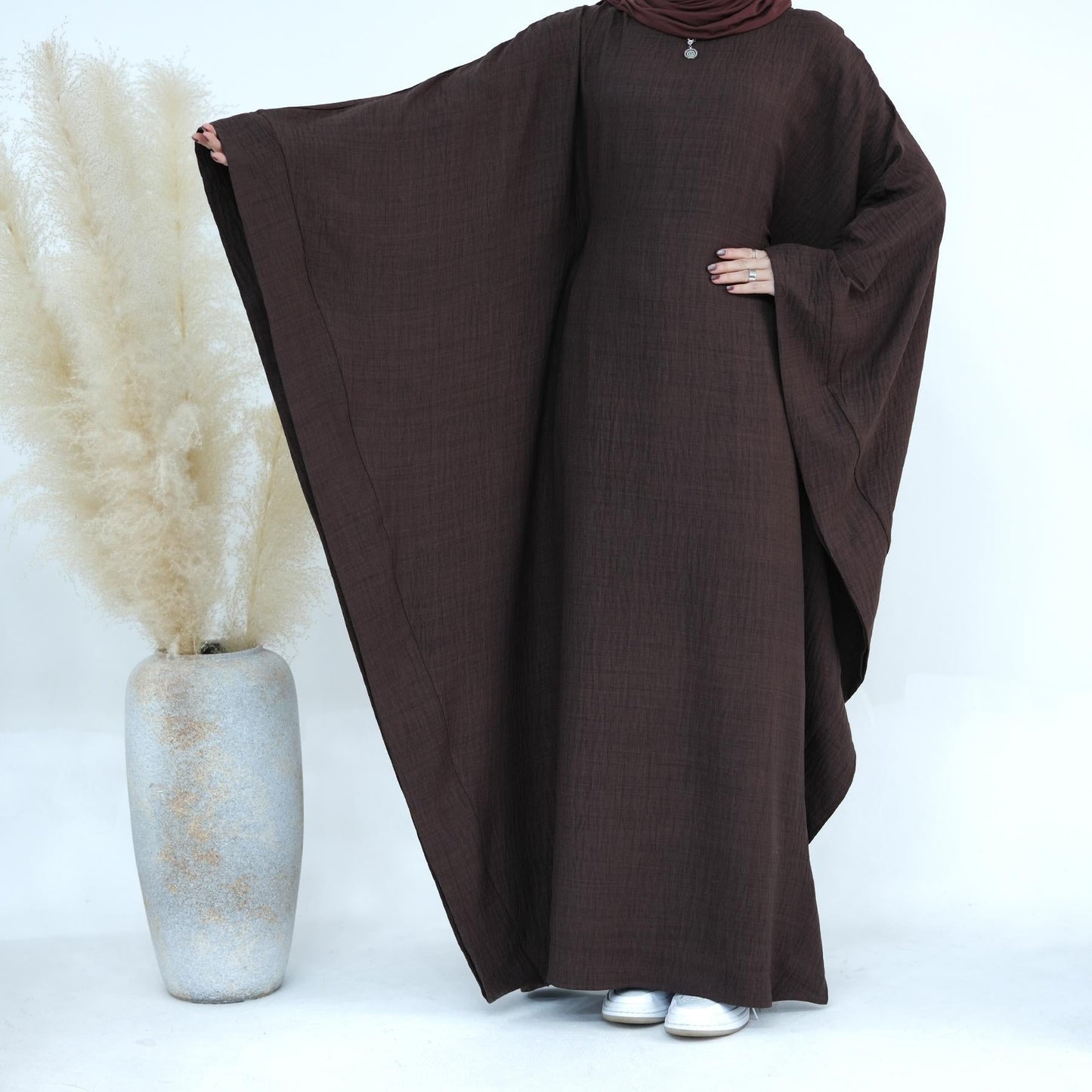 LUMAYA LM1177 Waist Raging Bat Sleeves Dress Crepe Kaftan with Built-in Belt