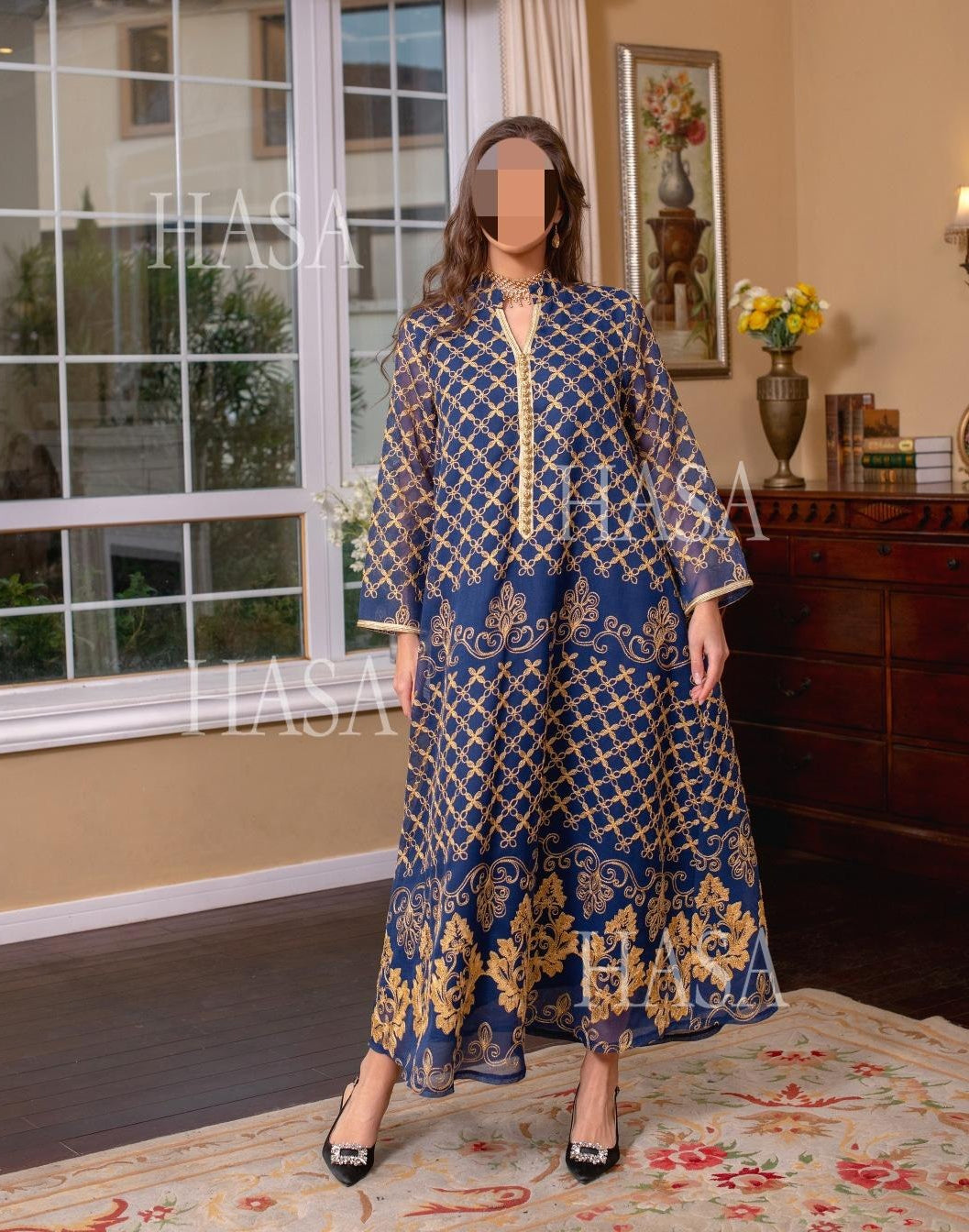 LM6640 Elegant Openwork Embroidered Abaya Long Dress