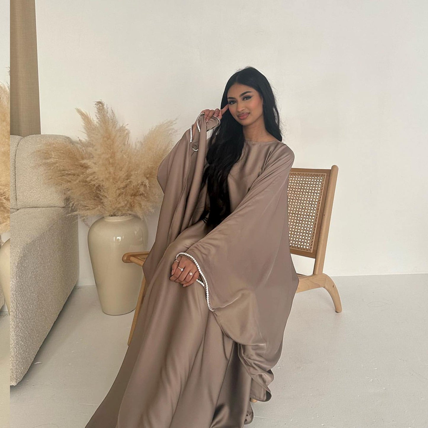 LUMAYA4841 A Minimalist, Beaded, Matte Satin Long Dress with A Subtle and Elegant Design.