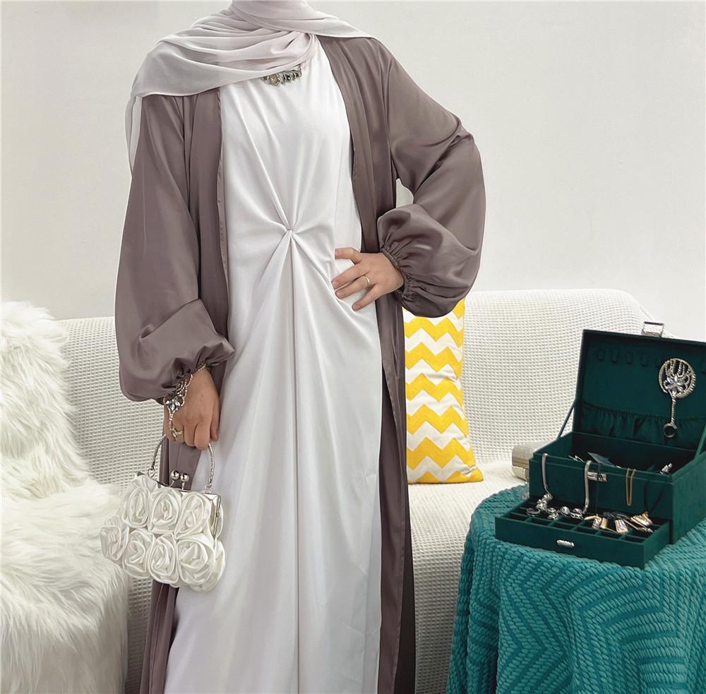 LUMAYA0481 Solid Color Satin Coat Robe Open Abaya