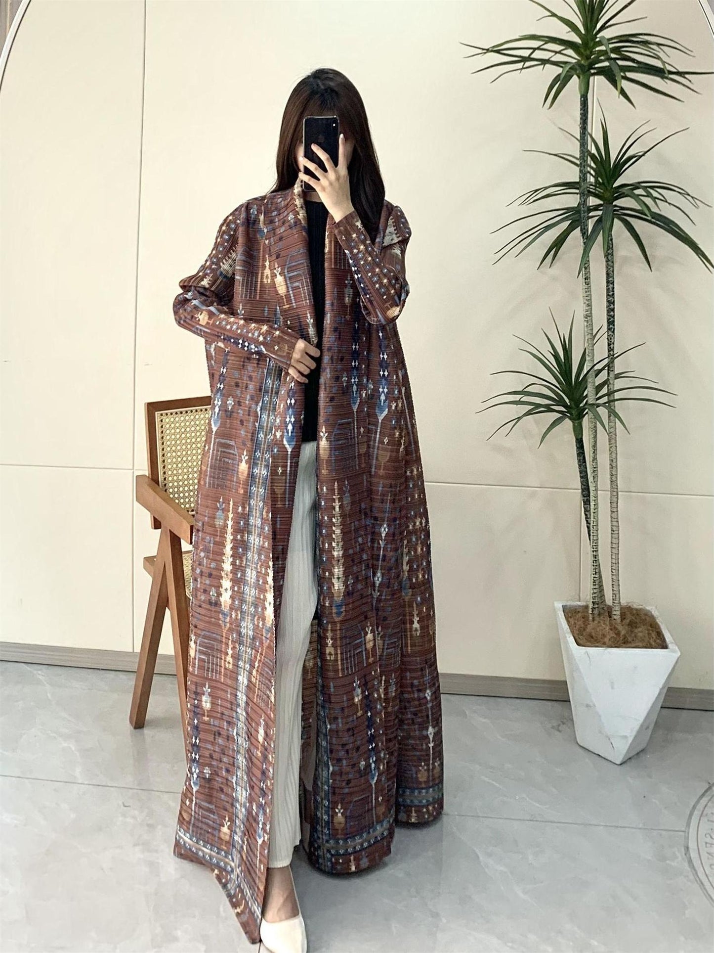LUMAYA5848 Retro Brown Textured Open-front Long Coat