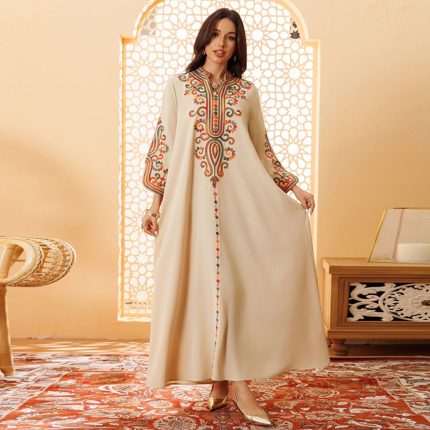 LM6652 Rope embroidery midi dress with elegant stand-up collar design