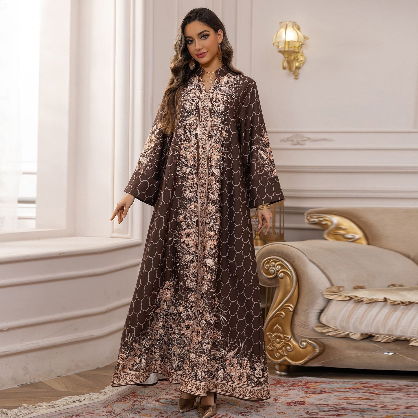 LM6654 Rhinestone-embroidered Long Robe Dress with Elegant Three-dimensional Pattern Design