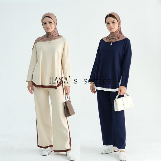 LUMAYA5149 Simple and elegant knitted set, featuring a loose-fitting, thick, long-sleeved two-piece design.