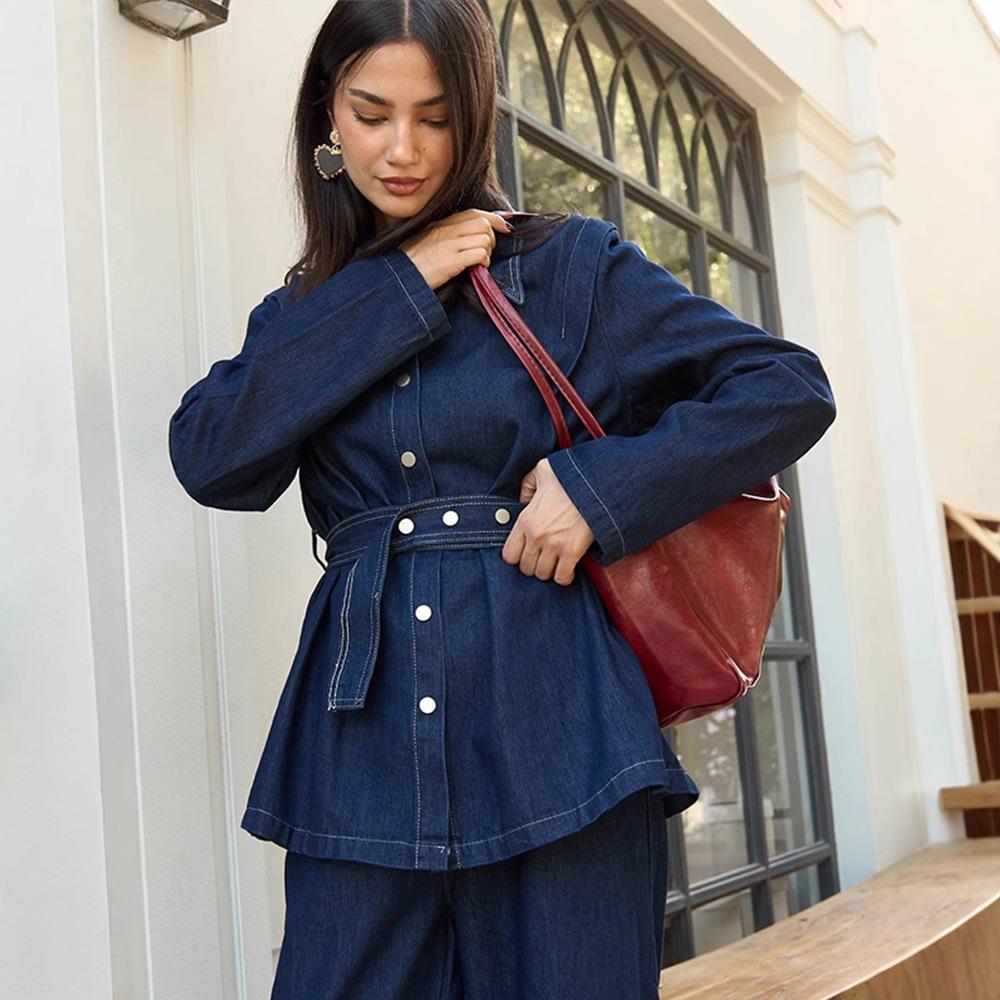 LM5890 Completo in Denim Lavato Primaverile Per Donne Con Cintura, Giacca Monopetto A Maniche Lunghe E Pantaloni A Vita Alta