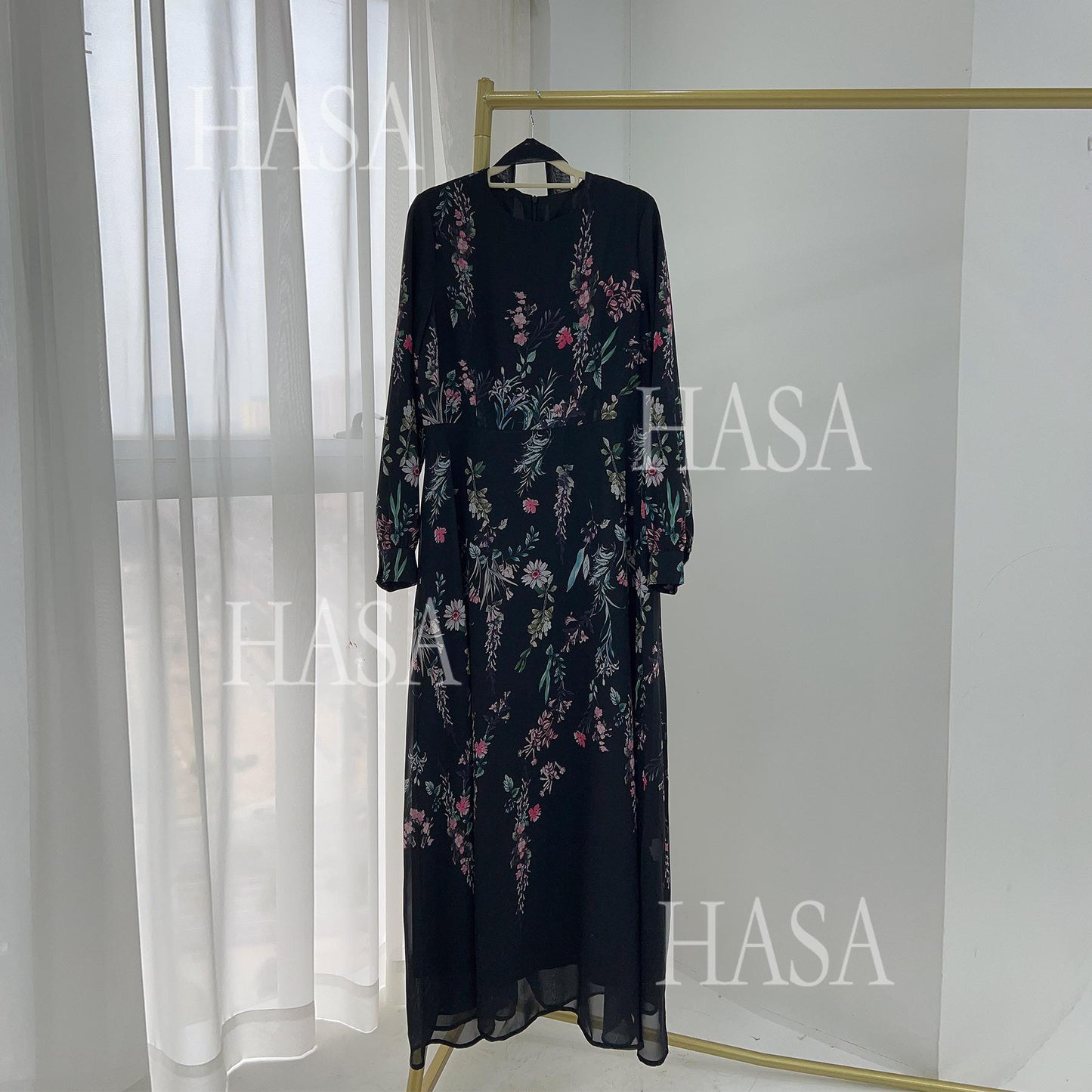 LUMAYA6531 Chiffon Printed Ankle-Length Maxi Dress with Long Sleeves