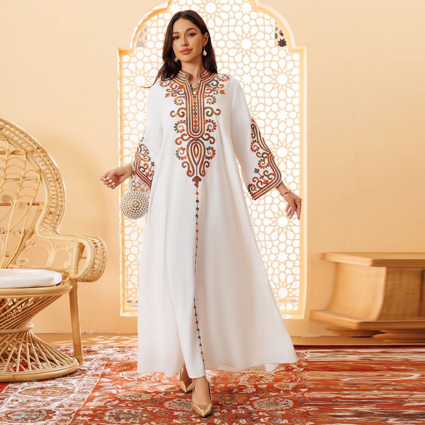 LM6652 Rope embroidery midi dress with elegant stand-up collar design