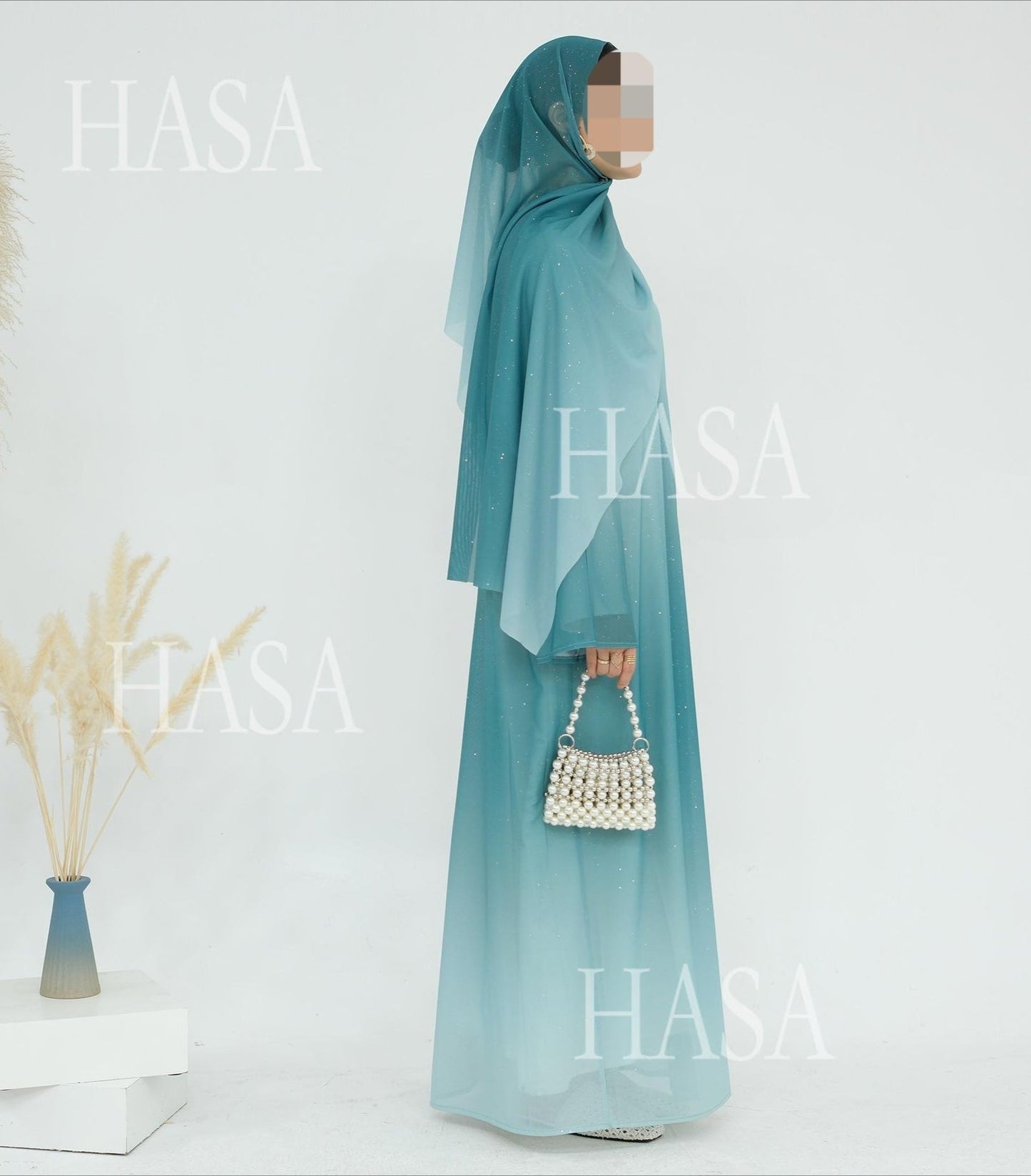 LM6617 Gradient Color Long Cardigan Two-Piece Set (Including Headscarf)