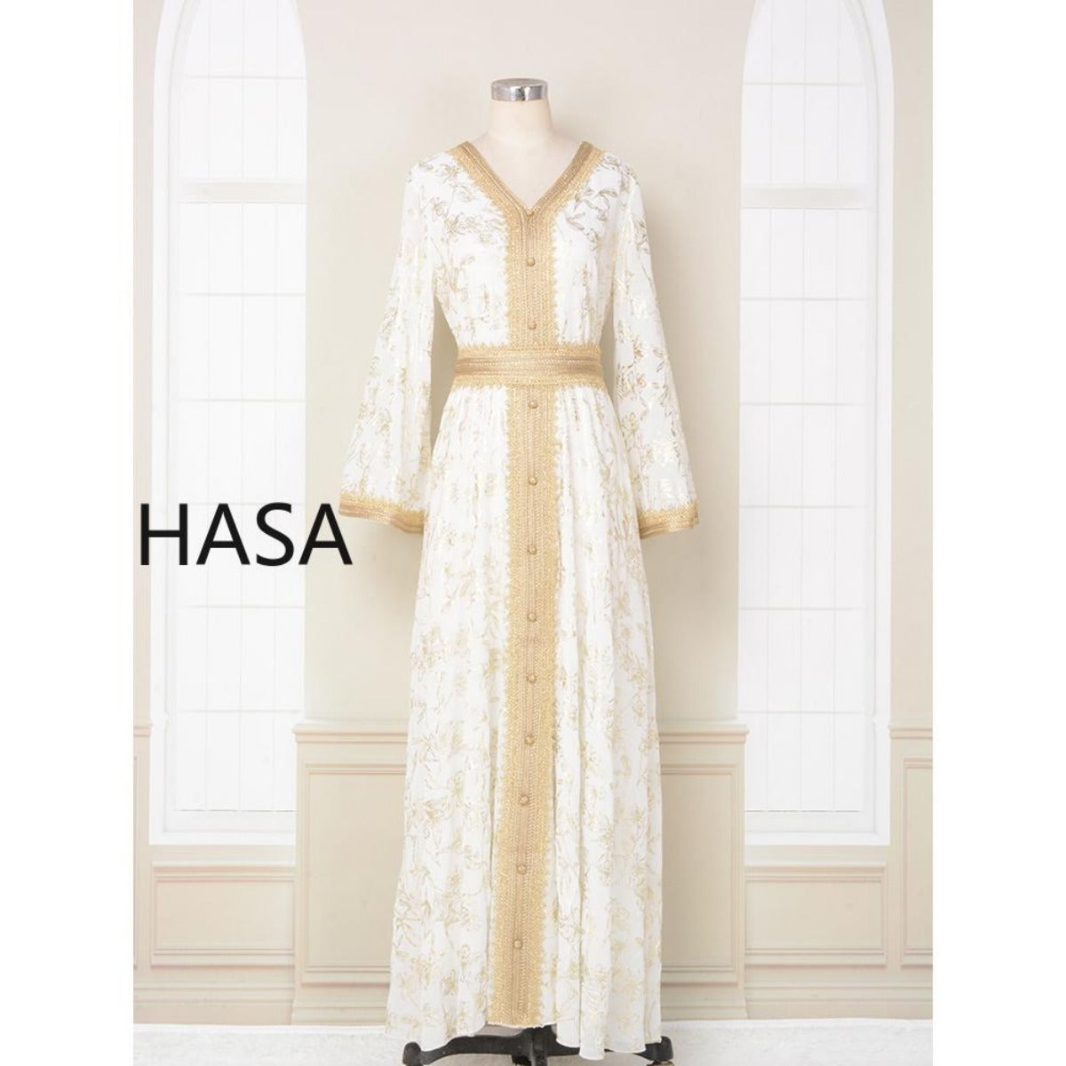 LM1249 Elegant Floral Abaya with Golden Detailing