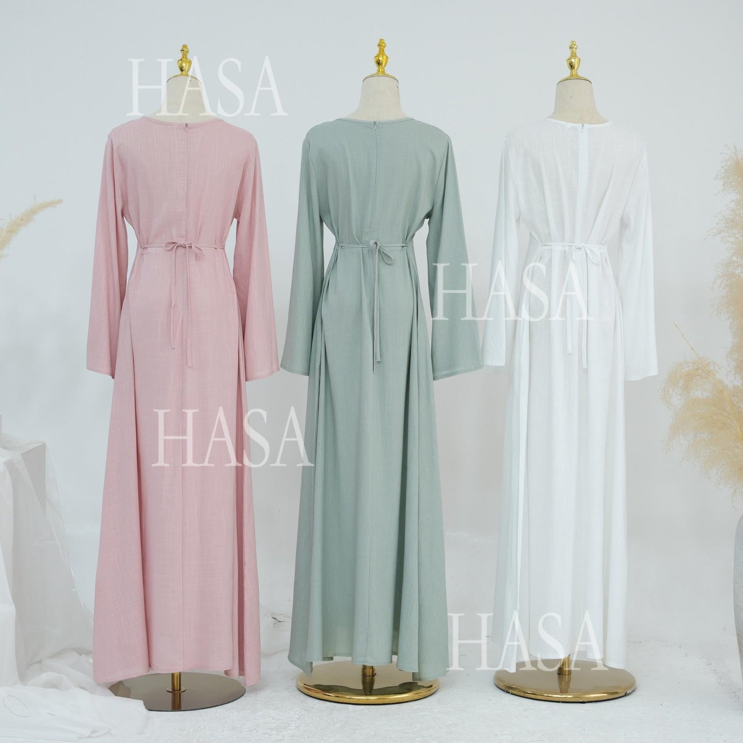 LUMAYA6494 Simple Solid Color Linen Bamboo Dress | Lace-Up Design