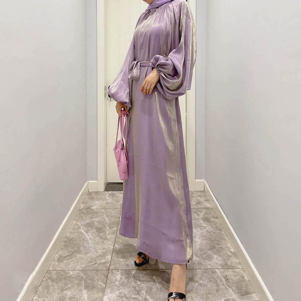 LUMAYA10043 LUMAYA  Large Lantern Sleeves Long Bright Silk Dress Stand Up Collar Back Tie Women's Dress Abaya