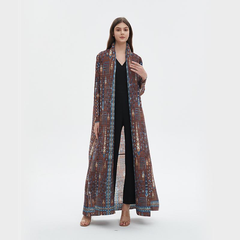 LUMAYA5848 Retro Brown Textured Open-front Long Coat
