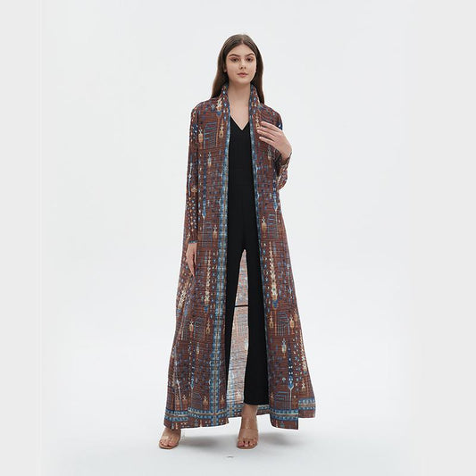 LUMAYA5848 Retro Brown Textured Open-front Long Coat