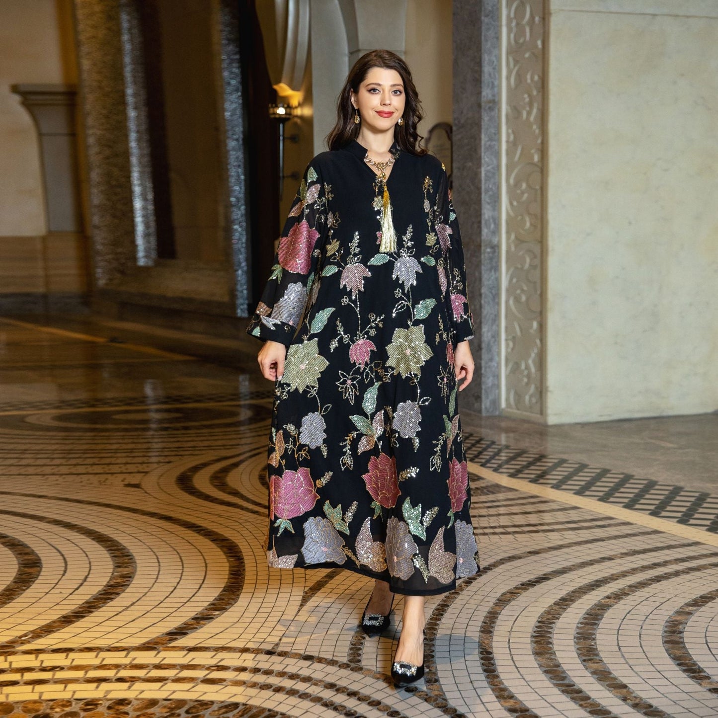 LM6649 Sequined Embroidered Tassel Long Robe, Elegant and Sophisticated Dress