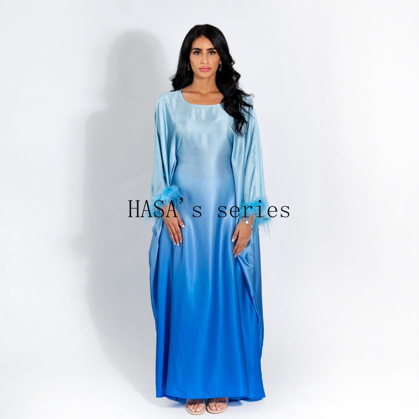LUMAYA5108 Elegant long dress with gradient color waist design and batwing sleeves.
