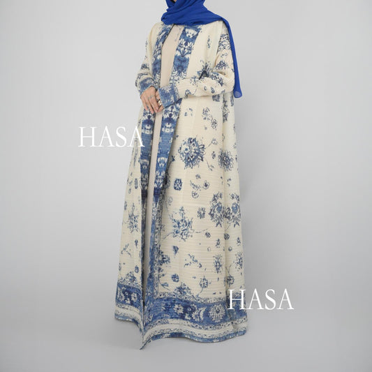 LUMAYA5851 Elegant, Retro-style Blue Floral Print Open-front Long Coat.
