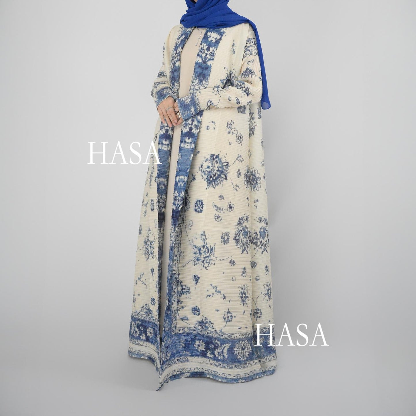 LUMAYA5851 Elegant, Retro-style Blue Floral Print Open-front Long Coat.