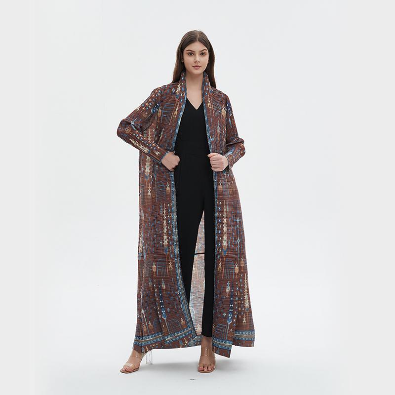 LUMAYA5848 Retro Brown Textured Open-front Long Coat